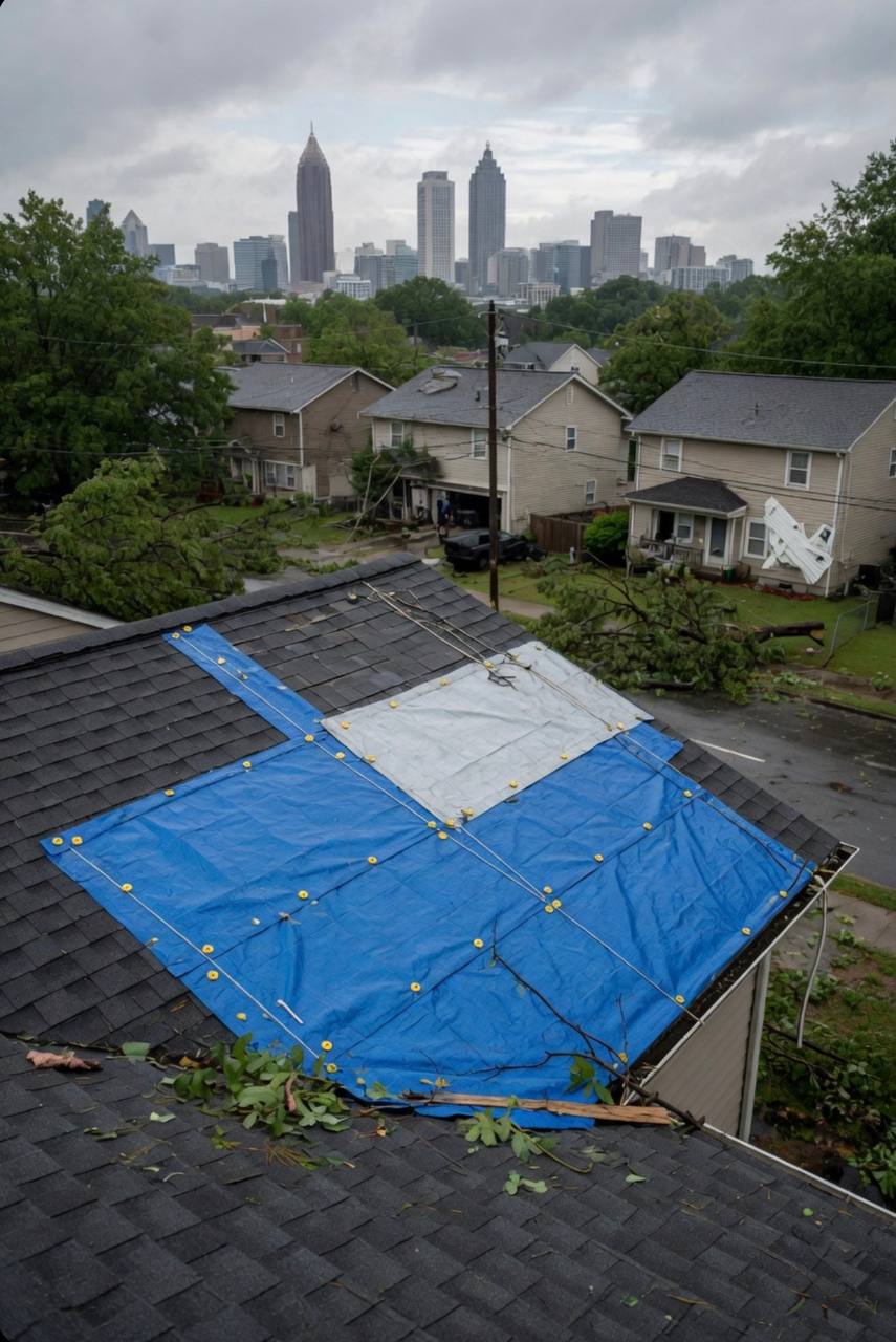 atlanta-storm-tarped-roof-skyline Tarped storm-damaged roof in an Atlanta neighborhood with the downtown skyline in the background